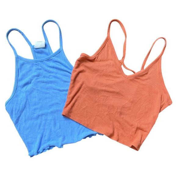 Set of 2 Destined SMALL Ribbed Crop Top Tanks Orange and Blue Spaghetti Strap - Picture 1 of 12